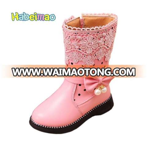 Girls' Side Zip Lace Flowers Bow Pearl Dotted Snow Boots Rhinestones Princess Warm Shoes Kids for Children Boots Winter